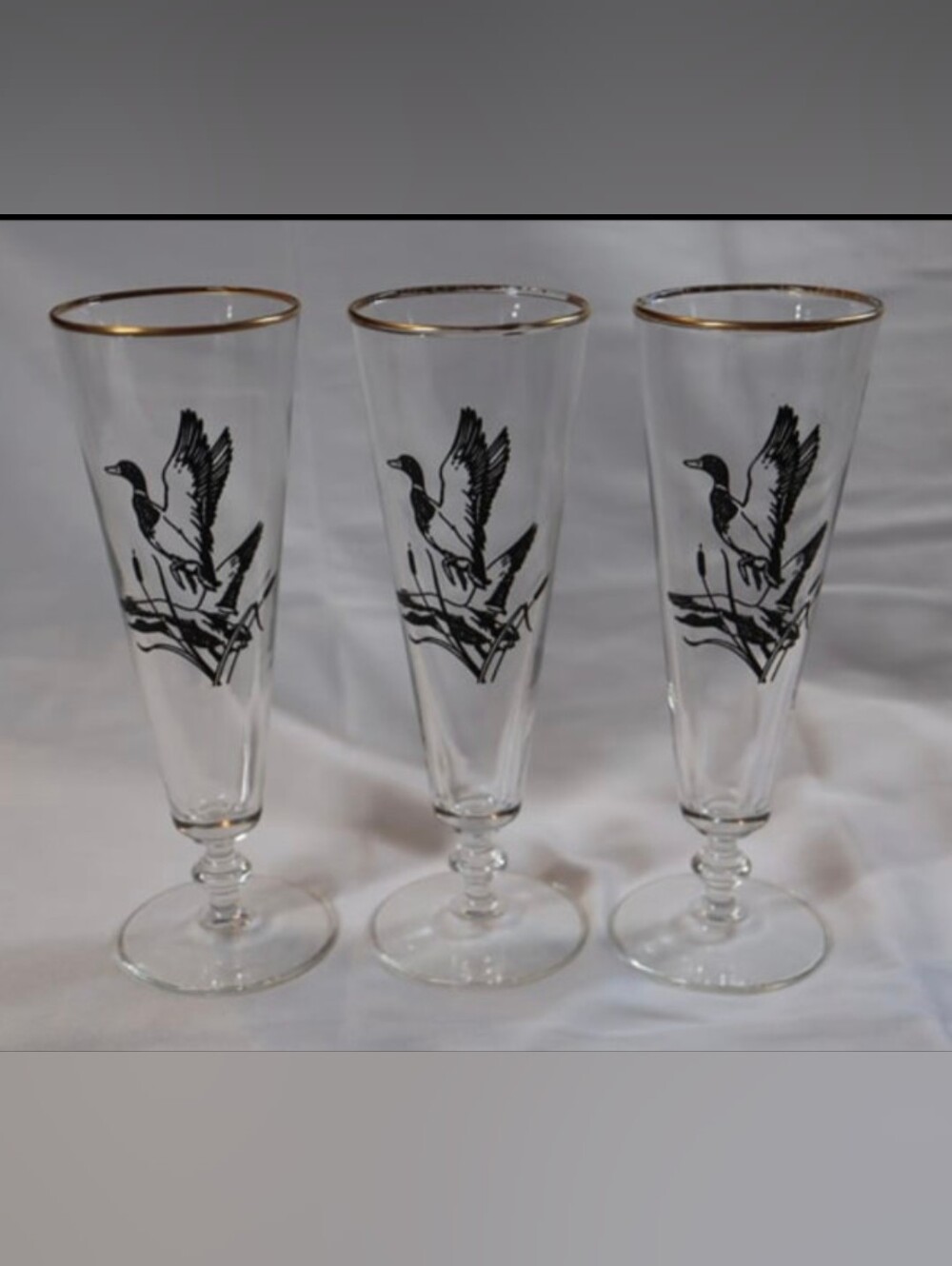 Vintage 3pc Pilsner Trumpet Glasses with Gold Trim and Mallard 8.5” Tall